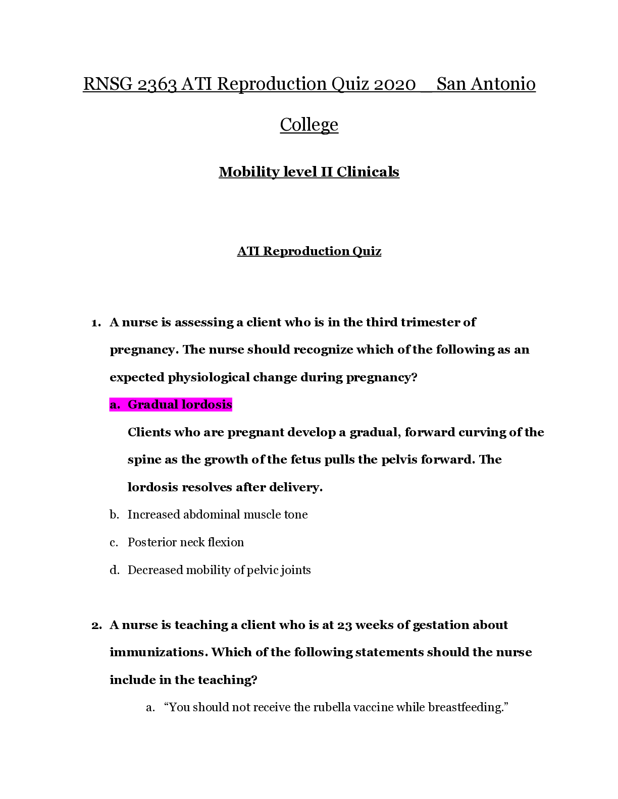 Preview image for RNSG 2363 ATI Reproduction Quiz 2020 _ San Antonio College | RNSG2363 Mobility level II Clinical